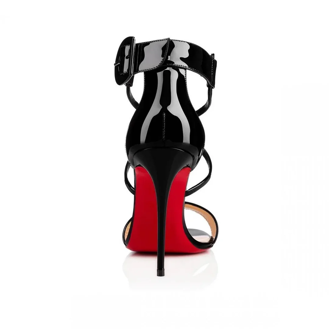 100mm Women's Red Bottom Open Toe Sandals Ankle Strap High Heel Patent Summer Party Wedding Shoes-MERUMOTE