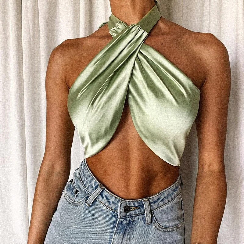 Sexy Silky Satin Halter Backless Crop Top For Women 2021 Summer Sleeveless Summer Fashion Outfit Party Criss Cross Wrap Top