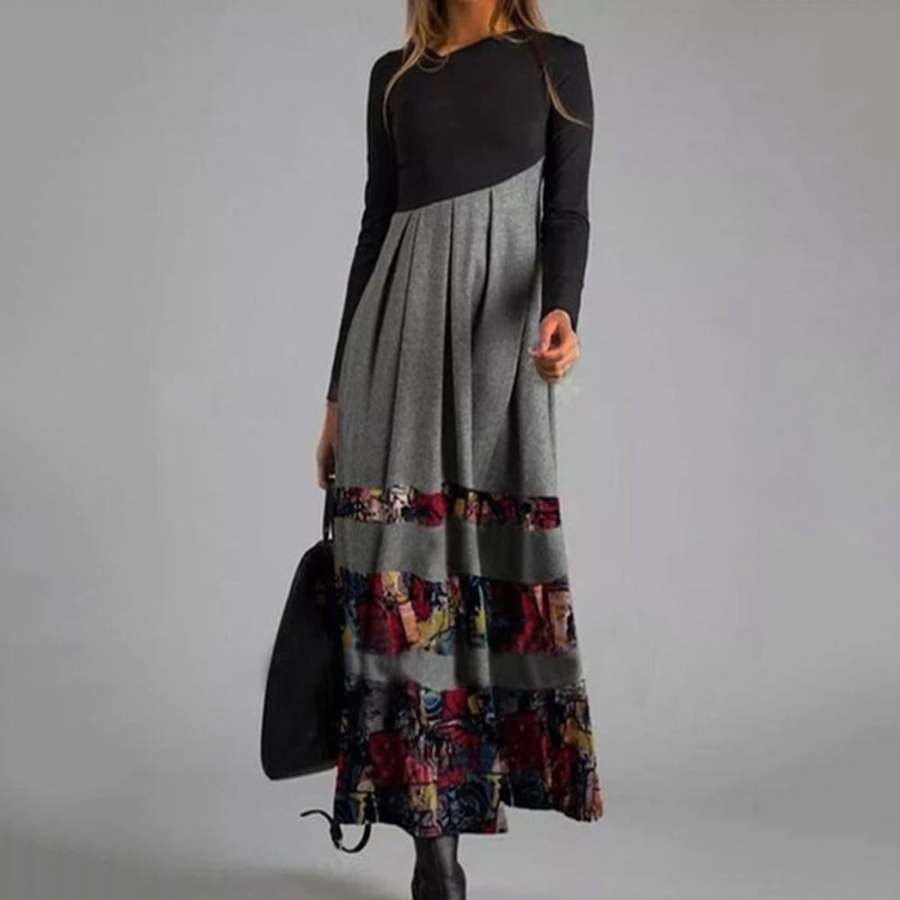 Retro Print Long-Sleeved Autumn And Winter Dress