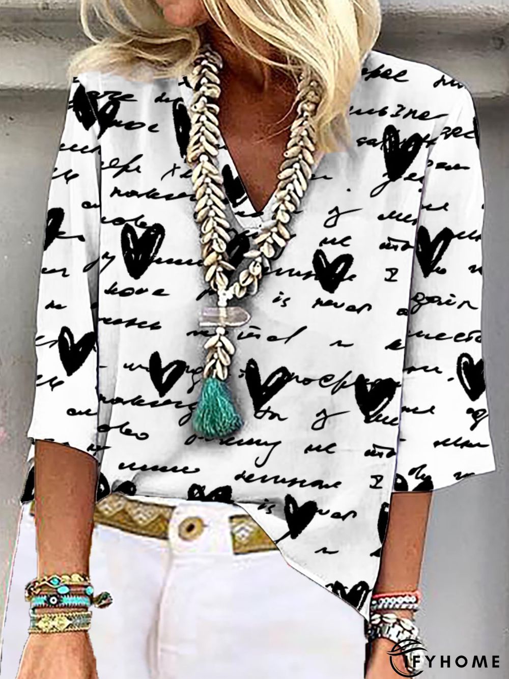 Women's Casual Text Letters Heart Three Quarter V Neck Printed Top Floral Layered Print Fall Summer Weekend Blouse Shirt | IFYHOME