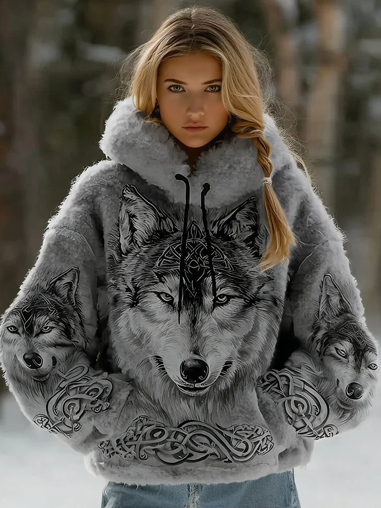 Women's Vintage Viking Celtic Wolf Art Plush Cozy Hoodie