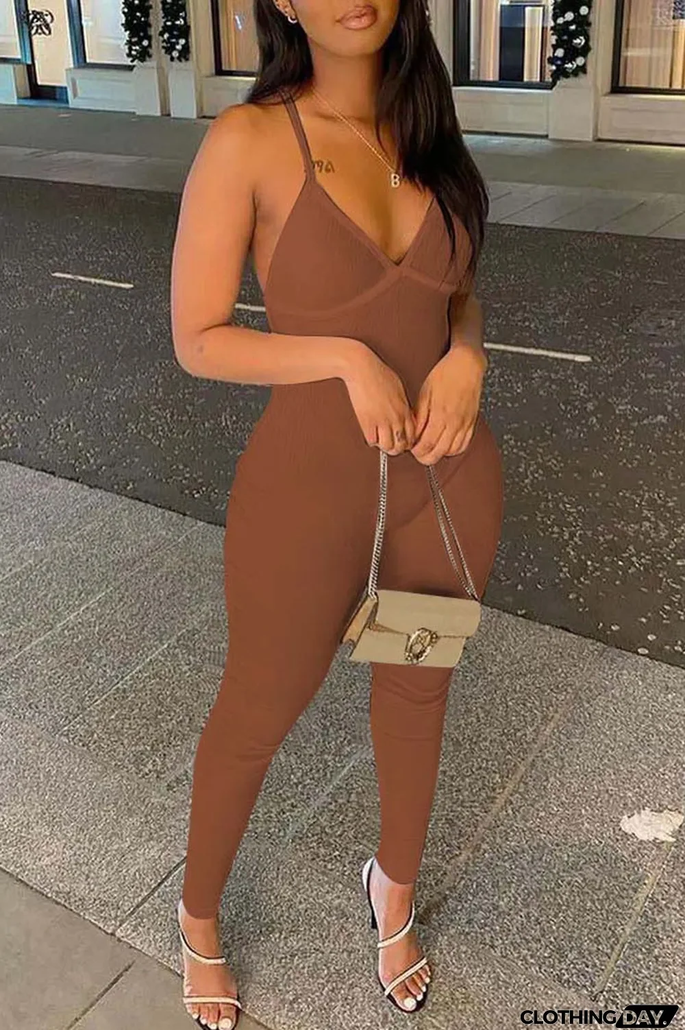 Cyan Sexy Casual Solid Backless Spaghetti Strap Skinny Jumpsuits