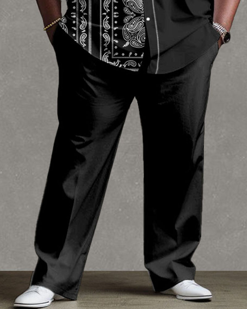Men's Plus Size Street Fashion Vintage Stitching Pattern Long Sleeve Shirt Trousers Suit