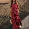 Women's Casual Round Neck Solid Color Sleeveless Slit Jumpsuit Long Dress
