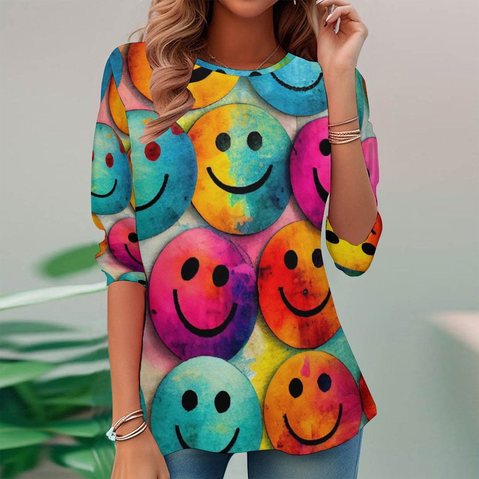 Women Long Sleeve V-neck Graphic Floral Printed Top