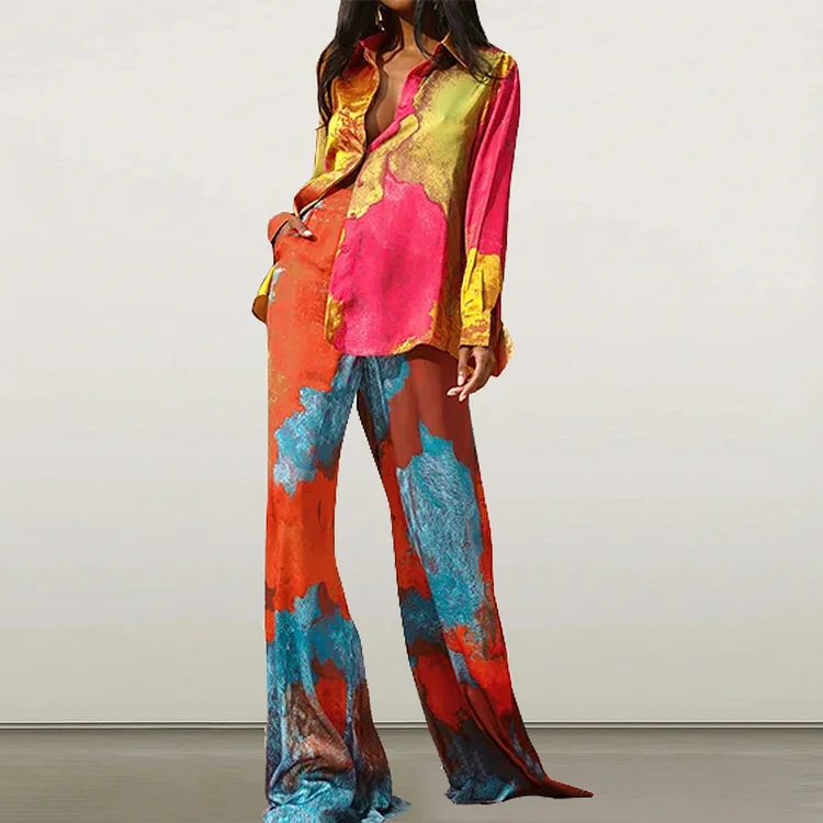 Fashion Contrasting Tie Dye Printed Long Sleeve Shirt Two-Piece Set