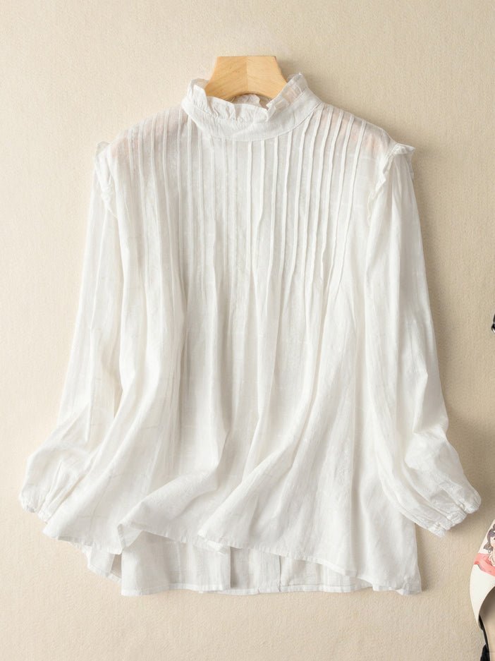 100% Natural Fabric Stand Collar Pleated Literary Retro Shirt