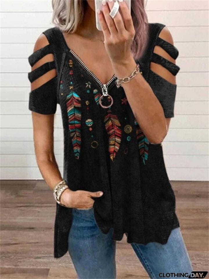 Special V-Neck Zipper Feather Print Short Sleeve T-Shirt