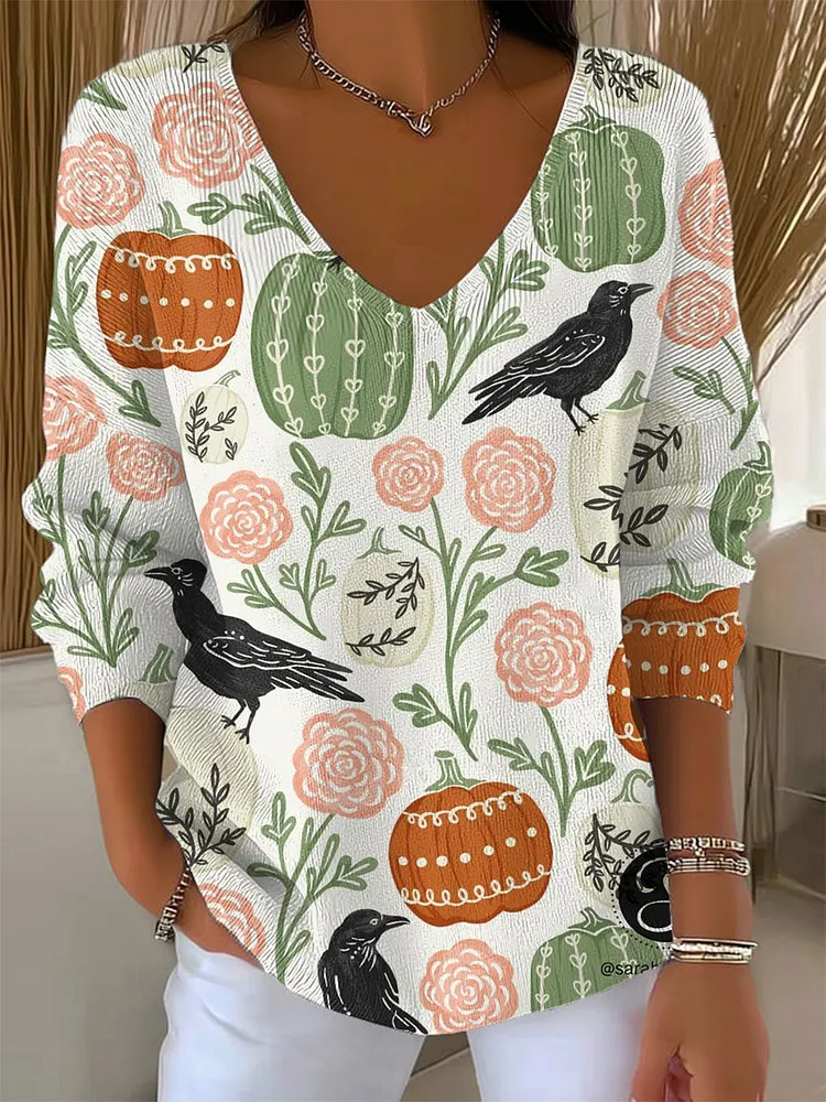 Women's Vintage  Halloween  Crow  Art Print Casual Pullover Sweater