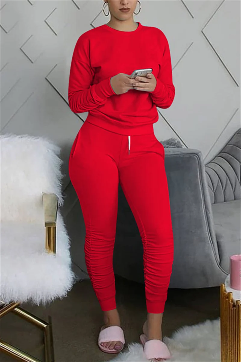 Red Sexy Europe and America Patchwork Solid Straight Long Sleeve Two Pieces | EGEMISS