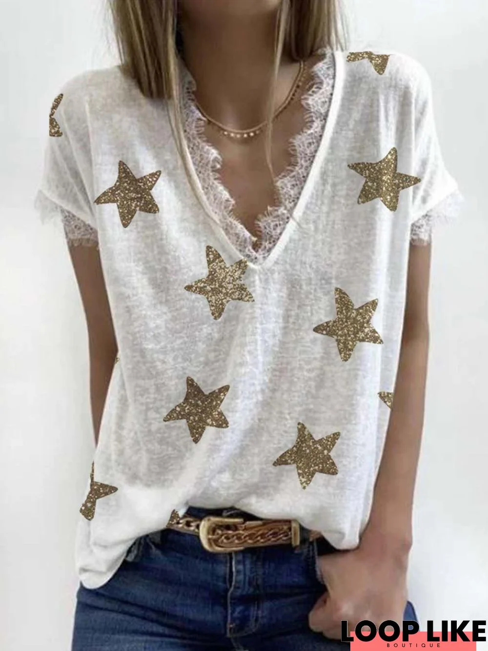 White Star Short Sleeve Casual V Neck Tops