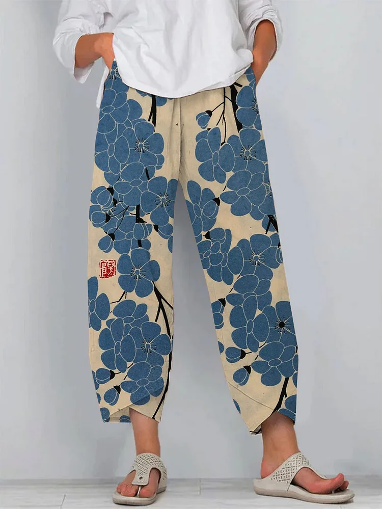 Japanese Classic Plum Blossom Print Loose Casual Pants