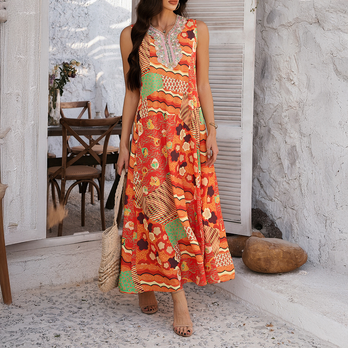 Mature Women Casual Summer Printed Contrast Color Vacation Sleeveless A- Line Maxi Dress
