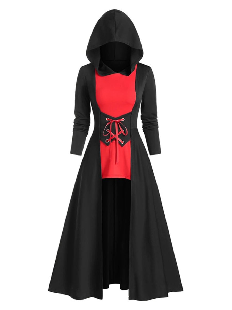 Women's Hooded Dress Cloak Colorblock Lace Up Halloween Costumes