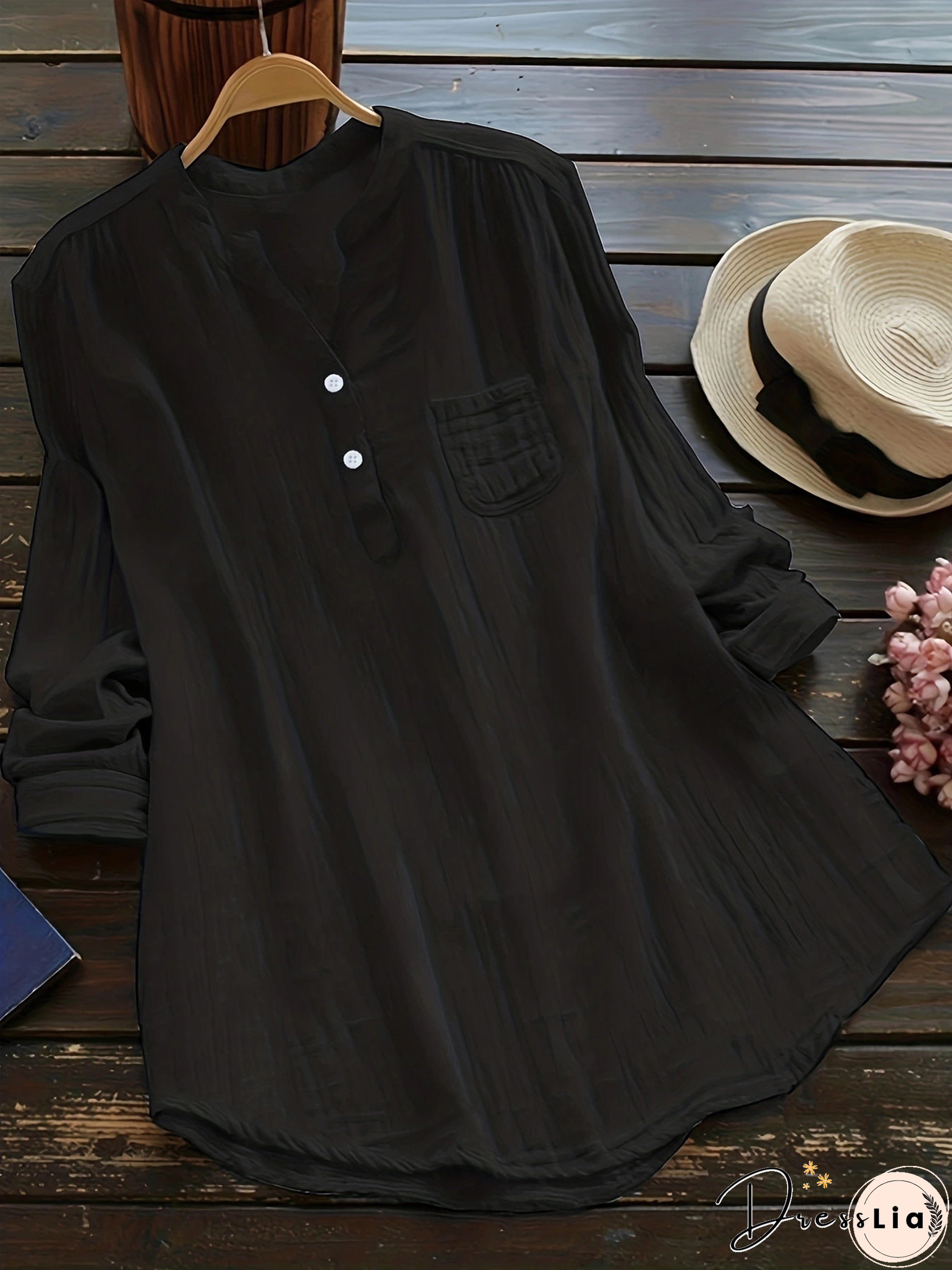 Plus Size Casual Blouse, Women's Plus Solid Long Sleeve Notched Neck Ruched Back Round Hem Slight Stretch Henley Blouse With Pocket