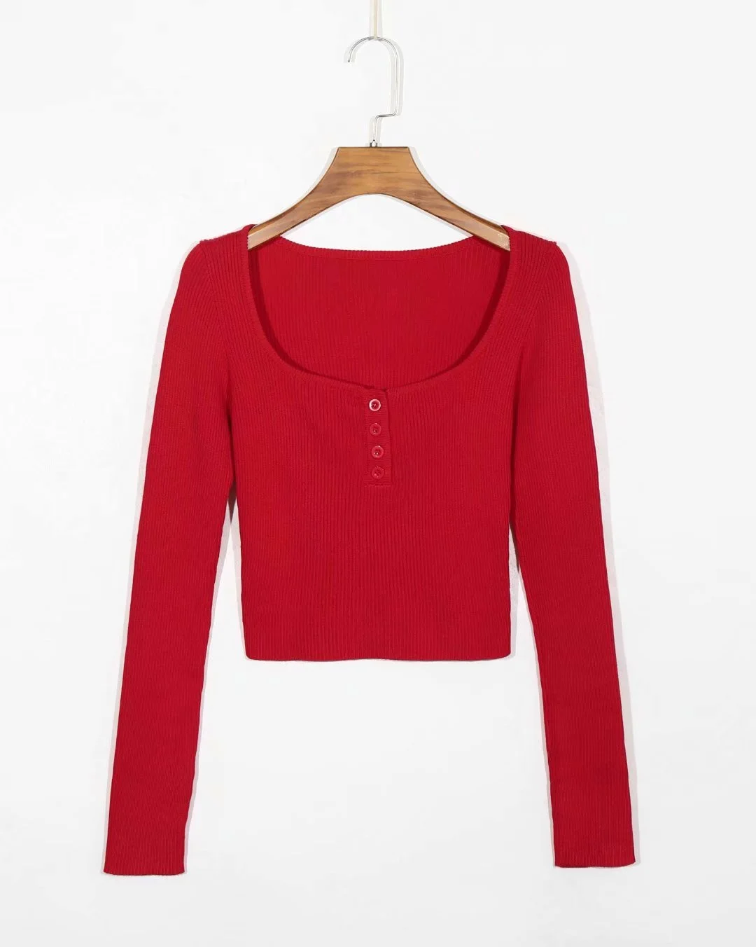 Chic Red Women Sweater Square Collar Buttons Knitted Tops France pull femme Long Sleeve Sweaters