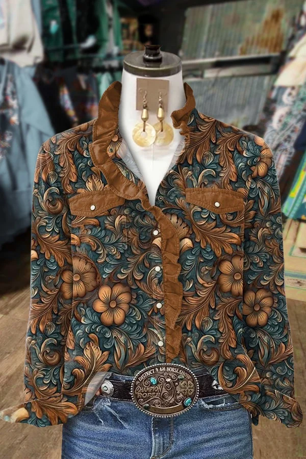 Vintage Floral Print Ruffle Neck Long Sleeve Blouse