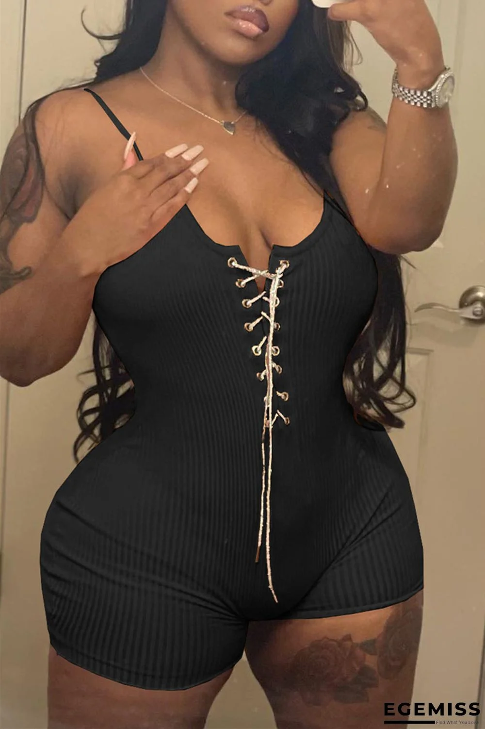 Black Sexy Casual Solid Bandage Backless Spaghetti Strap Skinny Romper | EGEMISS