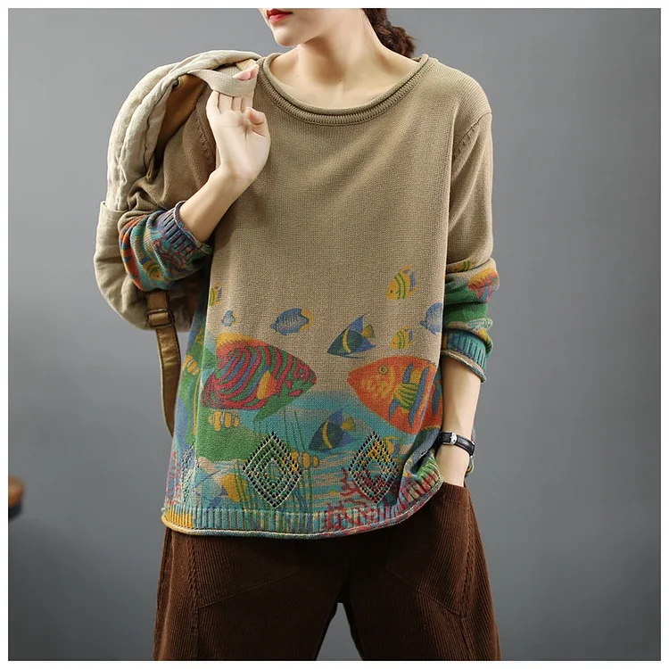 Women 2021 Vintage Prints Loose Sweater Casual Spring Tops