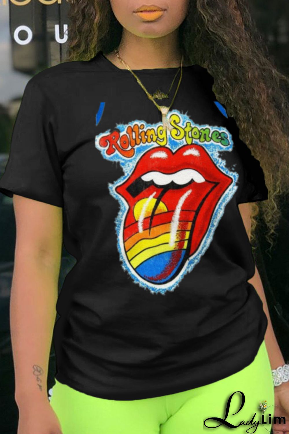 White Fashion Casual Lips Printed Patchwork O Neck T-Shirts