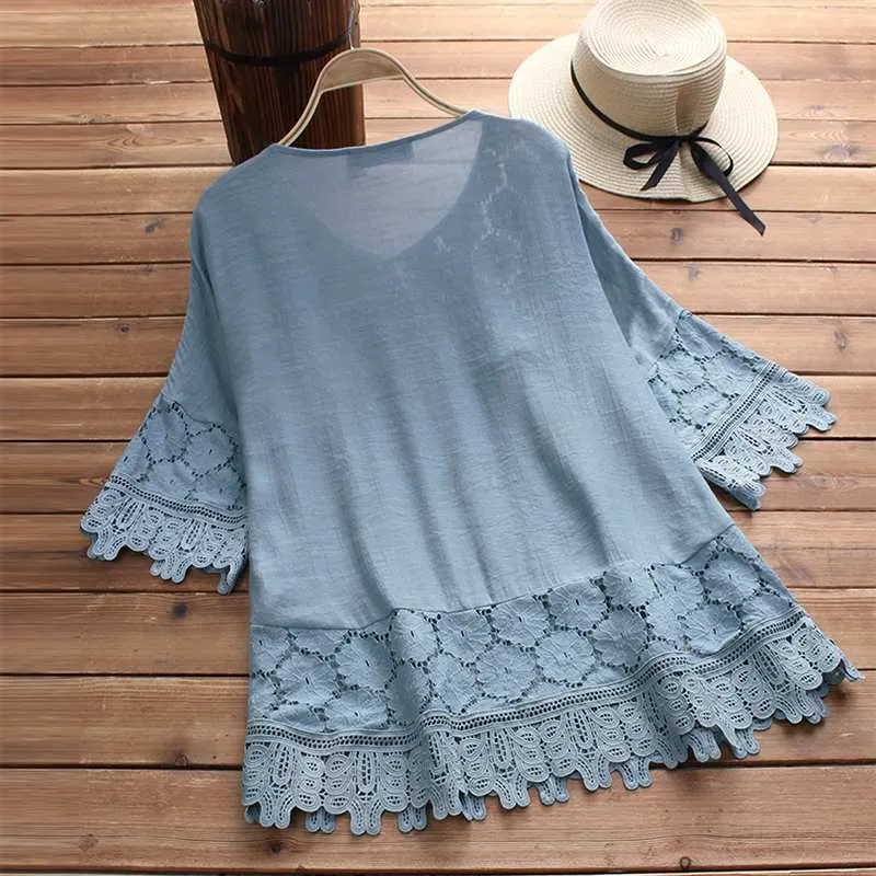 ZANZEA 2022 Summer Lace Crochet Blouse Women Patchwork Lace Up Shirts Chemise Hollow Blusas Tunic Tops Casual Tee