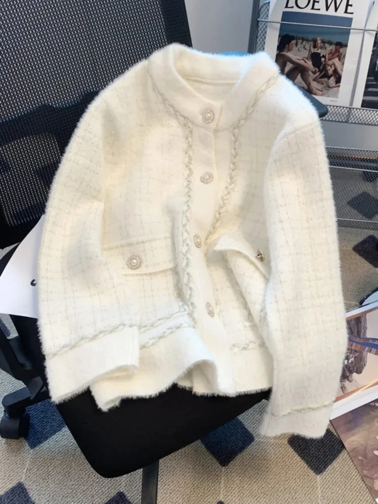 Huiketi Mink Fleece Short Coat Women's Long Sleeve Knitted Sweater New Versatile Loose Plaid Small Fragrant Ladies Cardigan Tops