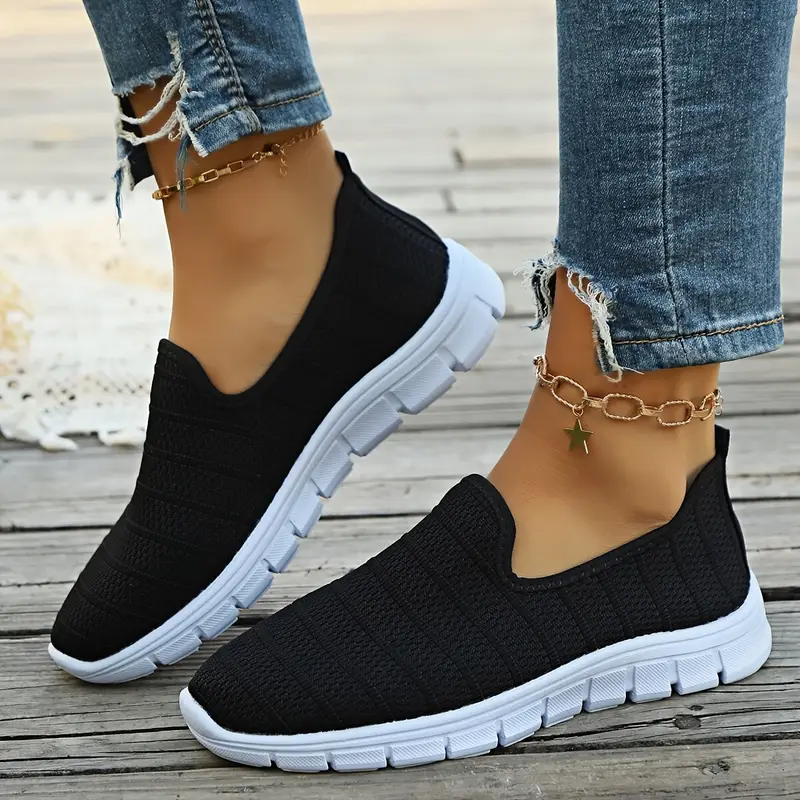 Dams andningsbara stickade slip-on sneakers - avslappnade rund tå i mesh med gummisula, för vardags- och sportkläder, fritidskläder|andningsbar meshdesign|gummidetaljer 3