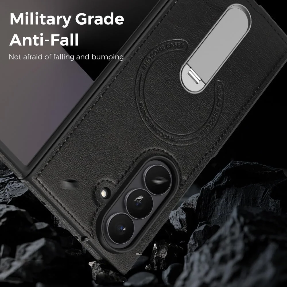 360 Rotae Kickstand Leather Case for Samsung Galaxy Z Fold 7 6 5 4 3 5G Magnetic Heavy Duty Cover, Military Shockproof Cases 