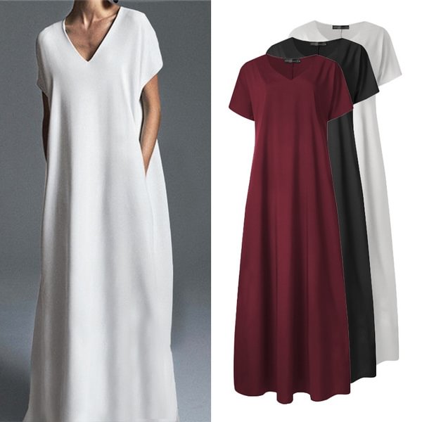 Zanzea S-5XL Women V-neck Short Sleeve Solid Color Cotton Loose Long Dress Kleider Damen - Shop Trendy Women's Fashion | TeeYours