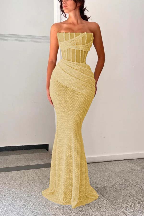 Oknass Shining Strapless Sleeveless Mermaid Long Prom Dress With Pleated 