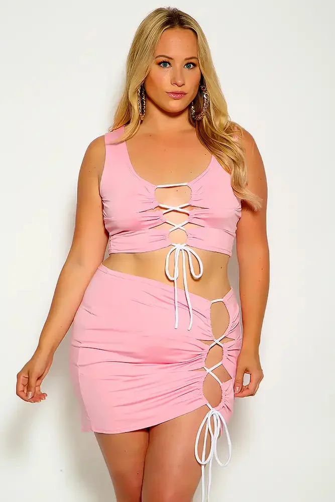 PINK SLEEVELESS LACE UP TWO PIECE DRESS