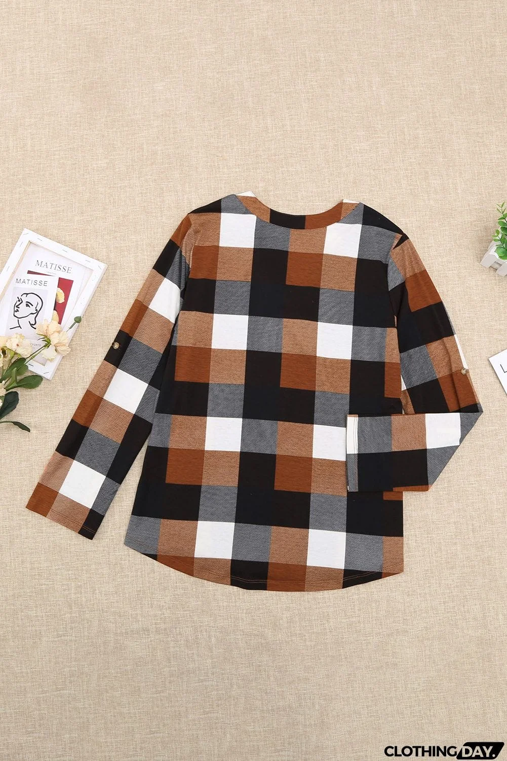 Contrast Plaid V Neck Long Sleeve Top