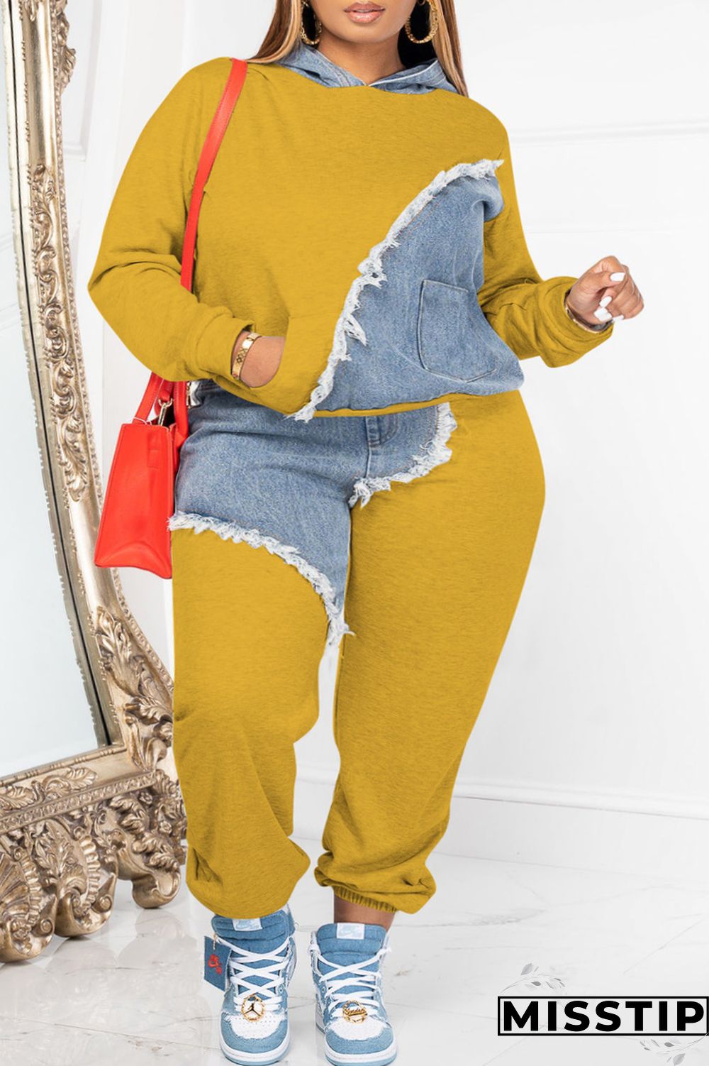 Orange Casual Patchwork Contrast Hooded Collar Plus Size Two Pieces
