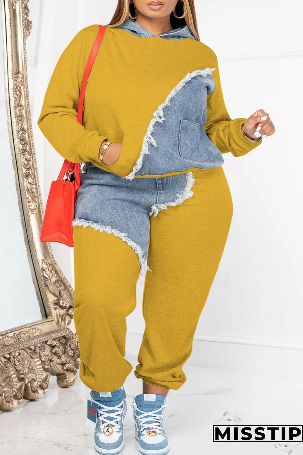 Orange Casual Patchwork Contrast Hooded Collar Plus Size Two Pieces