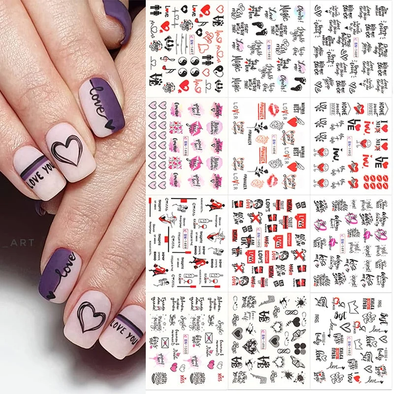12Pcs/Set Heart Shaped Lips Designs Water Decals English Love Letter Stickers For Nails Nail Art Decoration Sliders Manicure DIY