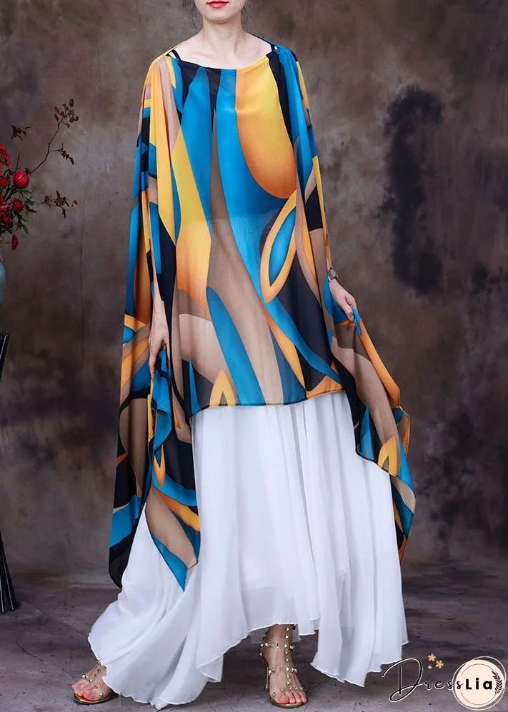 Women Yellow Blue Asymmetrical Design Print Chiffon Top Batwing Sleeve
