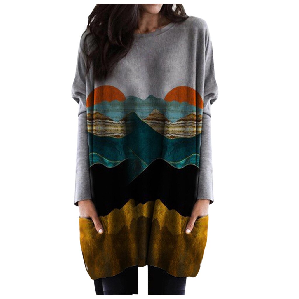 Women Mountain Printed Pullover Long Sleeve Sweatshirt dress