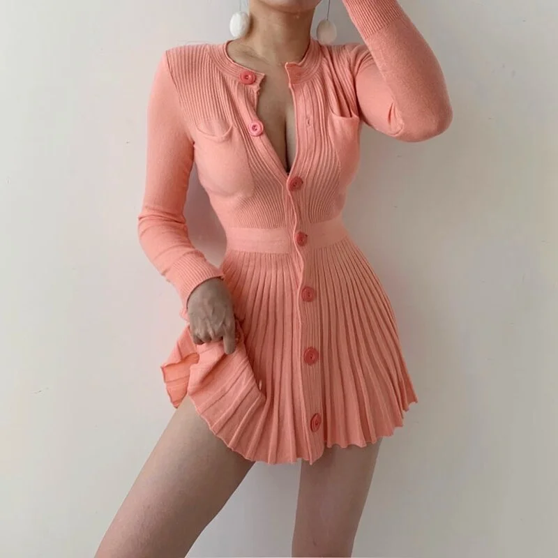 Spring 2020 long sleeve knitted dress slim and sweet single breasted Pleated Dress with waist closed sexy orange