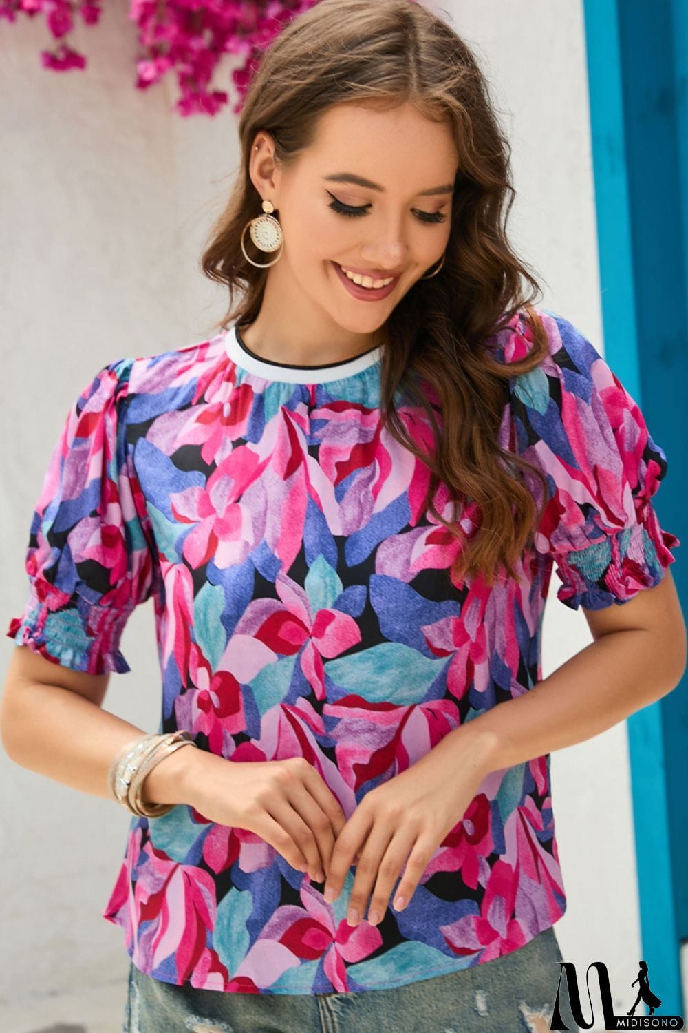 MidiSono - Floral Round Neck Puff Sleeve Top