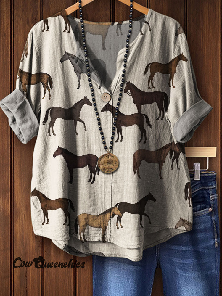 Women&rsquo;s Horse Print Casual Cotton Linen Shirt Multicolor / S