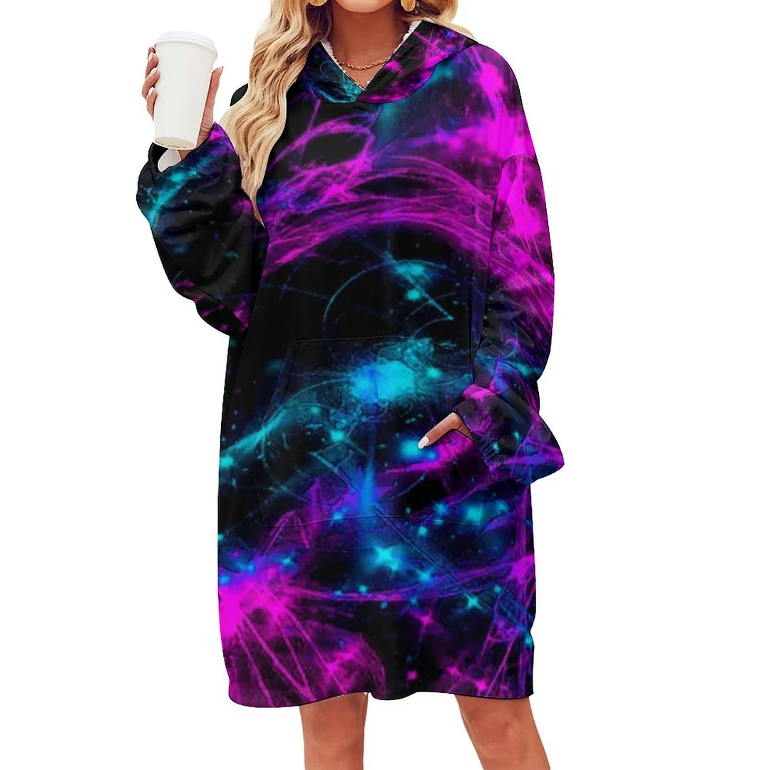 Black With Galaxy Oversized Sherpa Fleece Sweatshirt Blanket Hoodie Warm Cozy Wearable Tops with Pocket