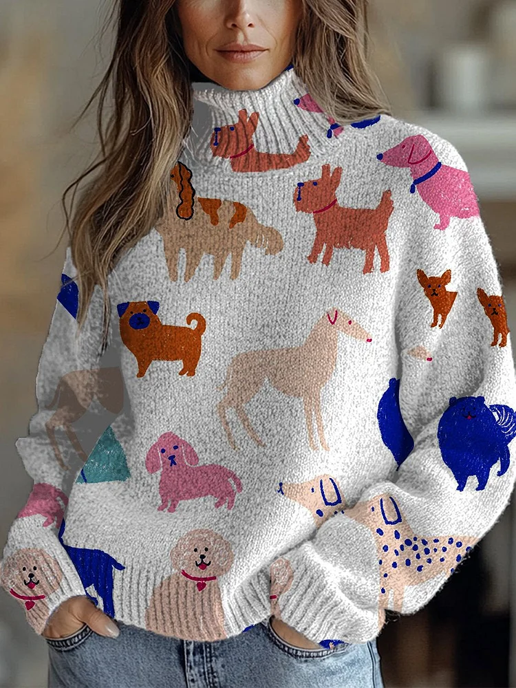 Funny Dogs  Art Print Knit Turtleneck Pullover Sweater
