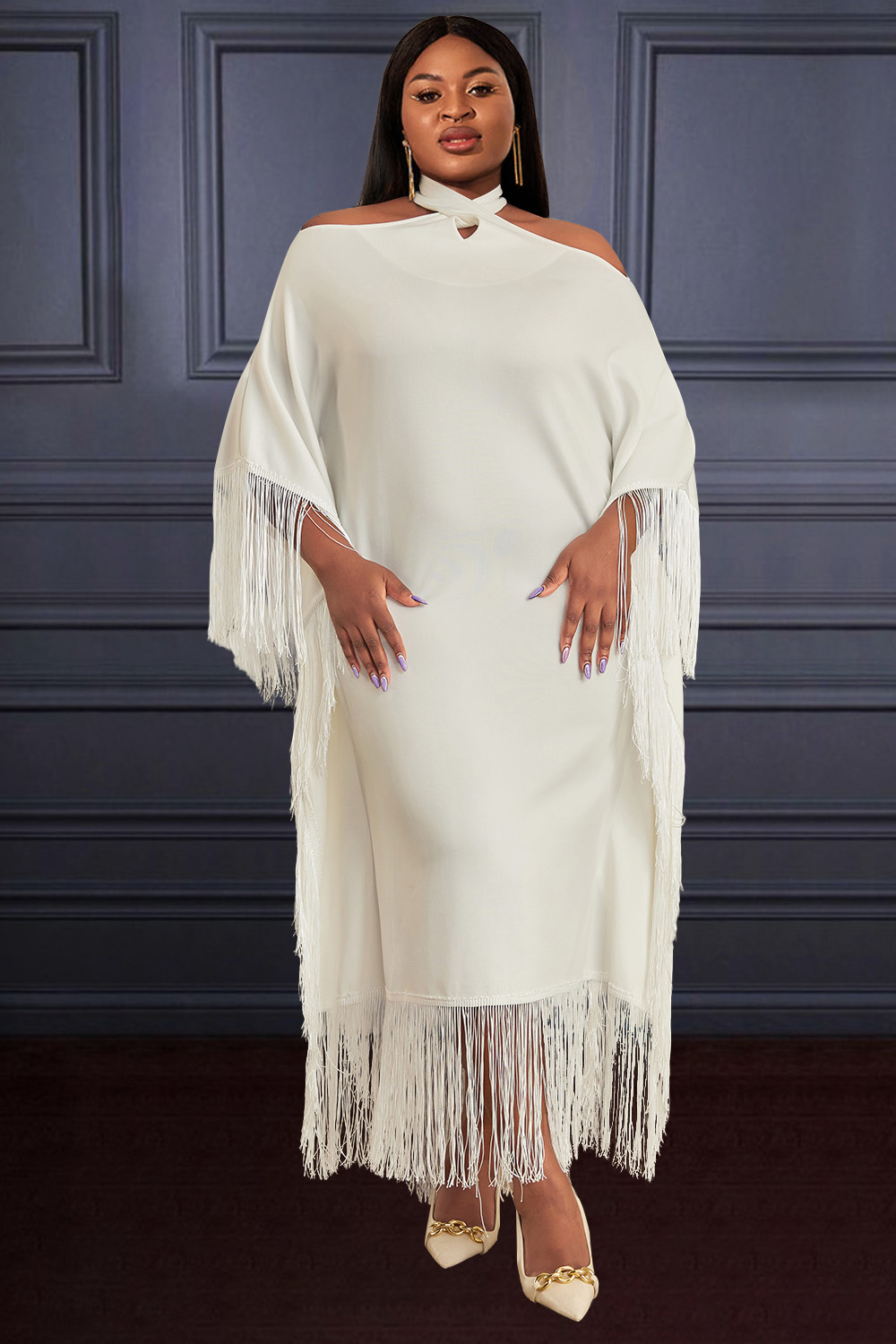 Design Plus Size Daily Midi Dresses Elegant White Fall Winter Halter Collar Half Sleeve Strappy Knitted Midi Dresses [Pre-Order]