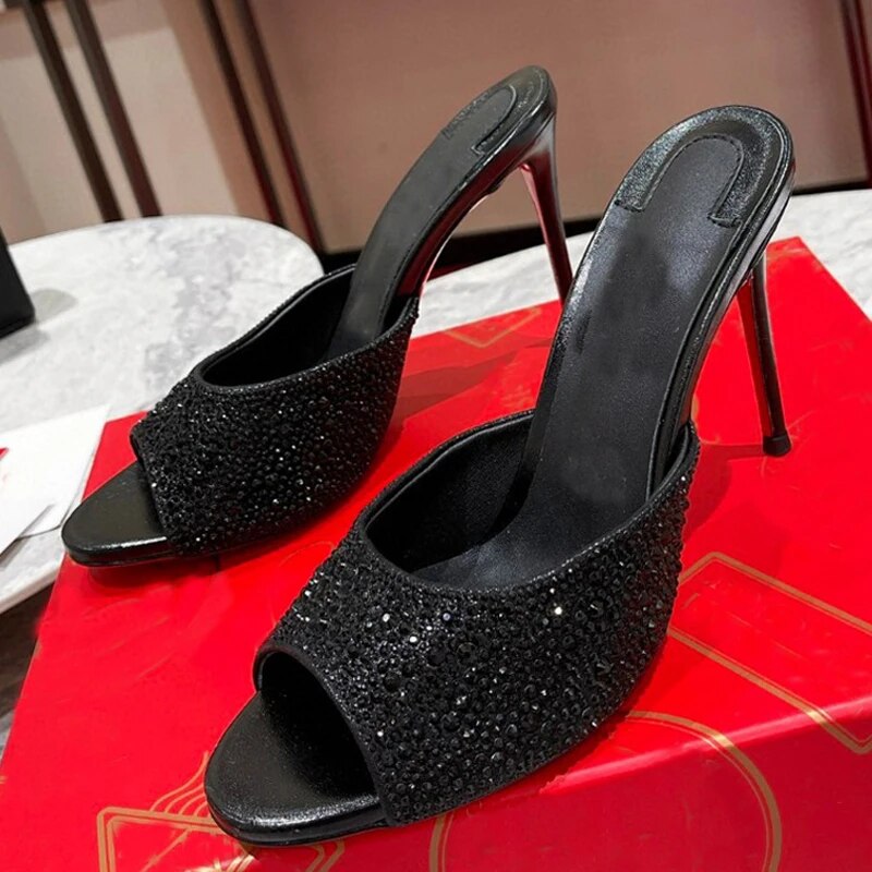 Silver Rhinestone Sandals Woman Open Toe Green Purple Crystal Diamond High Heels Muller Slippers Lady Party Shoes