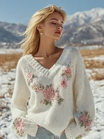 Bohemian Style Floral Embroidery Women's V-neck Knitted Sweater