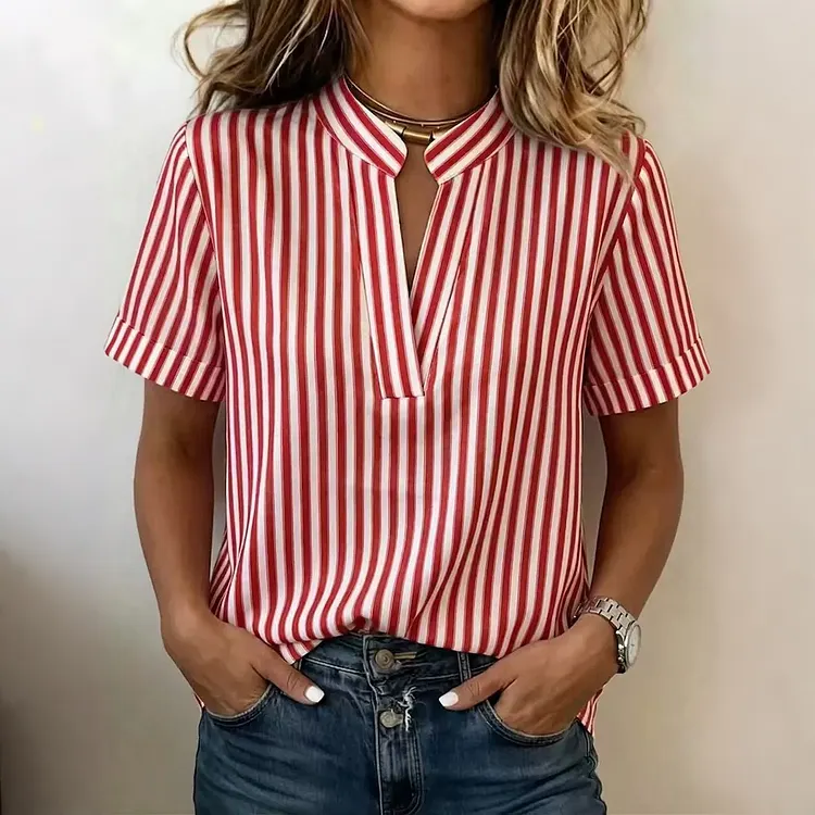 Women's Striped Short Sleeves Linen Blend Blouse
