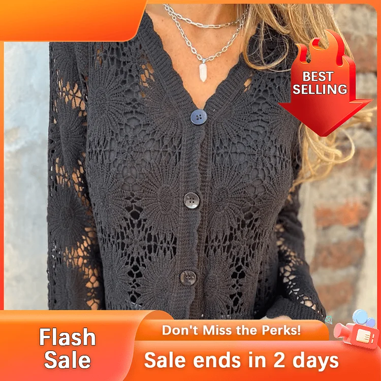 🏆Flash Sale⚡ 50K+ SOLD! Almost Gone-💥Cutout Embroidered V-Neck Button Long Sleeve Top,Best gifts 