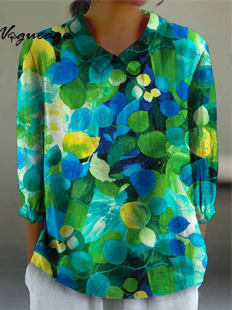 Fashion Bright Dazzling Bright Leaves Printed Cotton And Linen Shirt