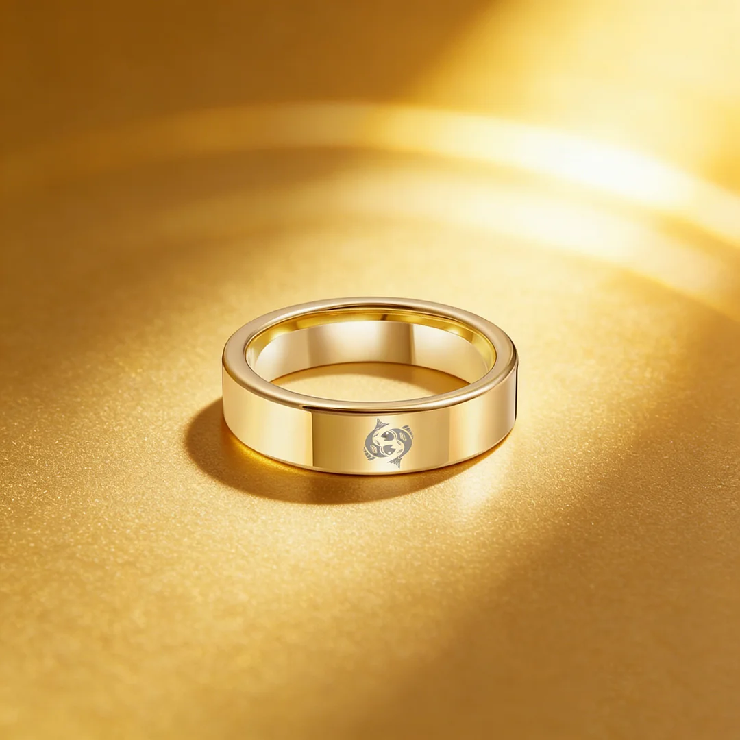 Pisces Tungsten Carbide Ring Gold Flat Wedding Bands Comfort Fit Mens and Womens 4MM 6MM 8MM