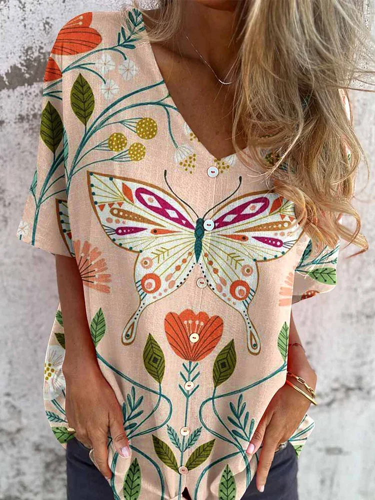 Women's Elegant Floral Butterfly Pattern Shirt Style Cotton and Linen Top